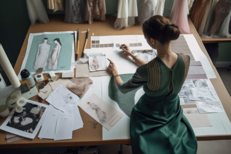 A woman in a green dress sitting at a table. Generative AI image.の素材