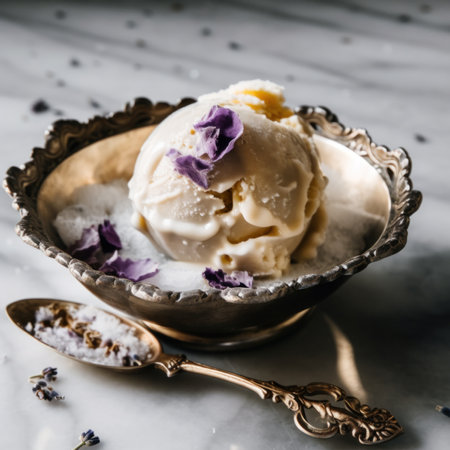 A scoop of lavender honey ice cream on a silver plate. Generative AI image.の素材