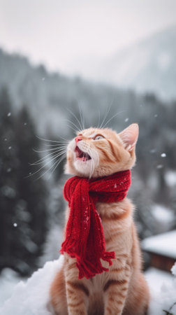 A cat wearing a red scarf sitting in the snow. Generative AI image.の素材