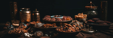 A table topped with lots of different types of food. Generative AI image.の素材