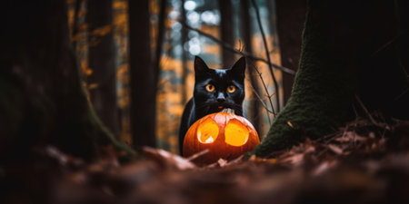 A black cat sitting next to a carved pumpkin. Generative AI image.の素材