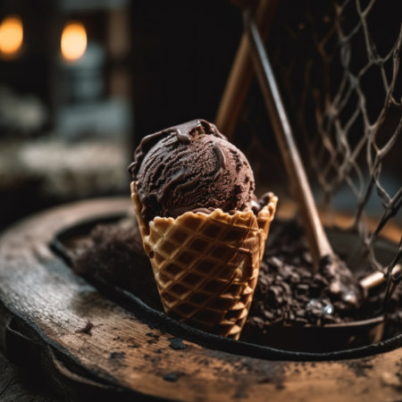 Rich chocolate ice cream waffle cone. Generative AI image.の素材