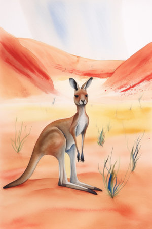 A painting of a kangaroo in the desert. Generative AI image.の素材