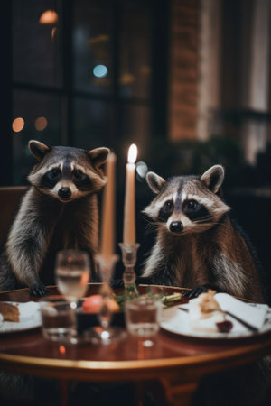 Two raccoons sitting at a table with food. Generative AI image.の素材