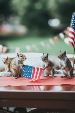 A group of squirrels sitting on top of a table. Generative AI image.の素材