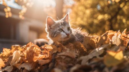 A cat laying on top of a pile of leaves. Generative AI image.の素材