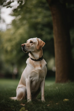 A dog sitting in the grass looking up. Generative AI image.の素材
