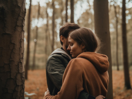 A man and a woman embracing in the woods. Generative AI image.の素材