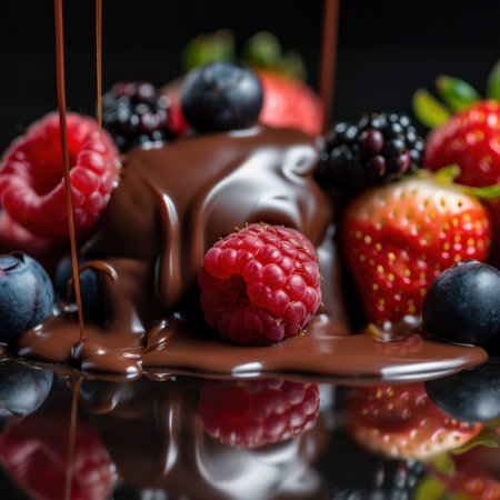 A chocolate covered dessert with berries and chocolate. Generative AI image.の素材