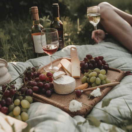 A woman sitting on a blanket with grapes and cheese. Generative AI image.の素材