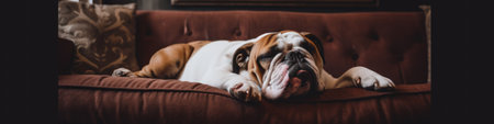 A brown and white dog laying on top of a couch. Generative AI image.の素材