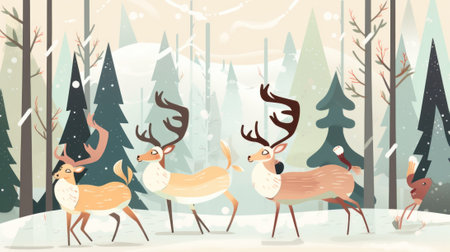 A group of deer in a snowy forest. Generative AI image.の素材
