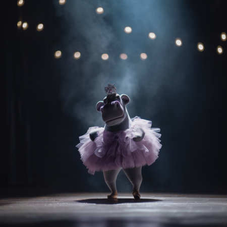 A hippo in a tutu and a crown on a stage. Generative AI image.の素材