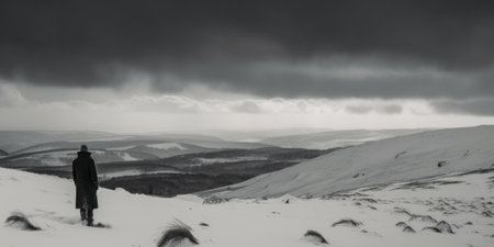 A person standing on top of a snow covered hill. Generative AI image.の素材