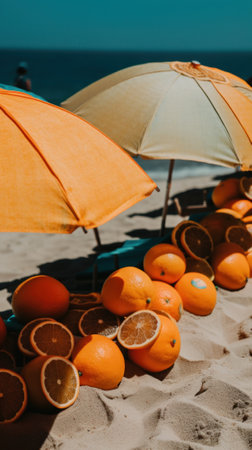 A bunch of oranges sitting on top of a sandy beach. Generative AI image.の素材