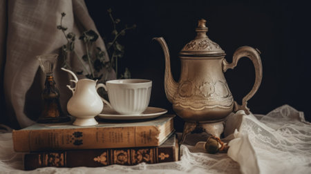 A tea pot and a cup on a table. Generative AI image.の素材