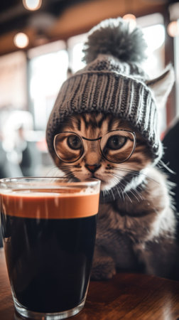 A cat wearing a hat and glasses next to a cup of coffee. Generative AI image.の素材
