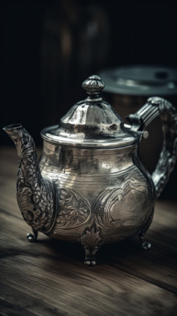 A silver teapot sitting on top of a wooden table. Generative AI image.の素材