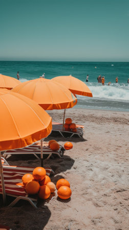 A bunch of orange umbrellas sitting on top of a sandy beach. Generative AI image.の素材