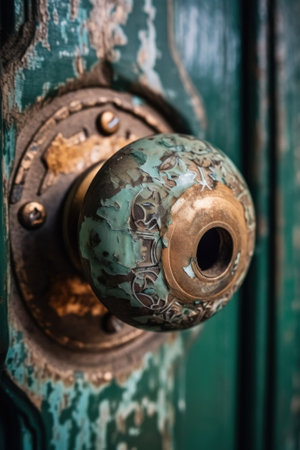 A old oxidized bronze door handle on a green wooden door. Generative AI image.の素材