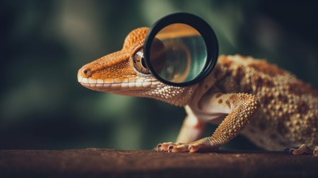 A lizard looking through a magnifying glass. Generative AI image.の素材