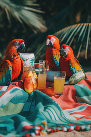 Three parrots sitting on a blanket with drinks. Generative AI image.の素材