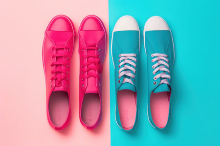 Two pairs of pink and blue sneakers on a blue and pink background. Generative AI image.の素材