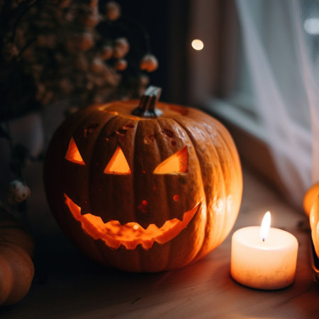 A carved pumpkin sitting next to a lit candle. Generative AI image.の素材