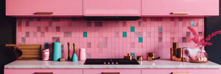 A kitchen with pink cabinets and a pink tile backsplash. Generative AI image.の素材