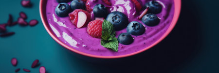 A purple bowl filled with blueberries and raspberries. Generative AI image.の素材