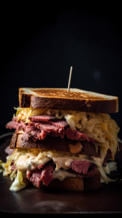 A close up of a sandwich on a plate. Generative AI image.の素材
