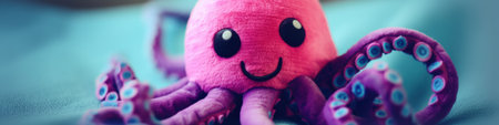 A pink stuffed octopus sitting on top of a bed. Generative AI image.の素材