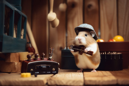 A hamster wearing a hat and bow tie. Generative AI image.の素材