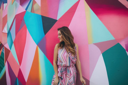 A woman standing in front of a colorful wall. Generative AI image.の素材