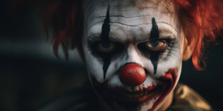A close up of a clown"s face with red hair. Generative AI image.の素材