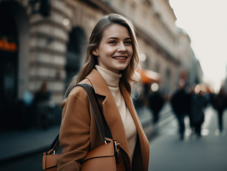A woman in a brown coat is walking down the street. Generative AI image.の素材
