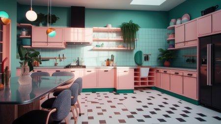 A kitchen with pink cabinets and green walls. Generative AI image.の素材