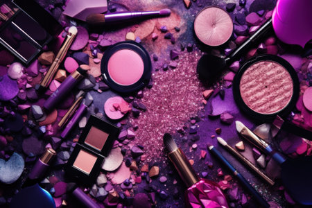 A variety of makeup products on a purple background. Generative AI image.の素材