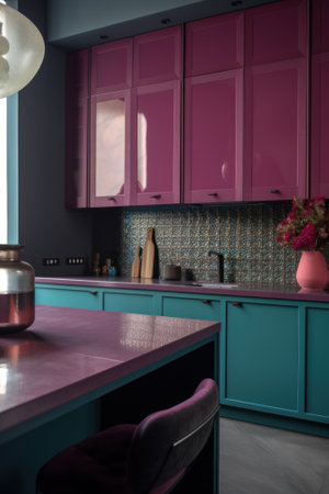 A kitchen with a pink counter top and purple cabinets. Generative AI image.の素材