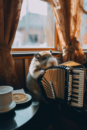 A hamster playing an accordion on a table. Generative AI image.の素材