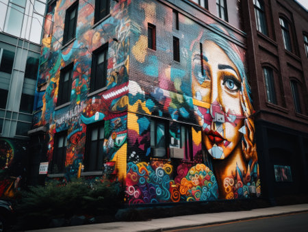 A building with a mural on the side of it. Generative AI image.の素材