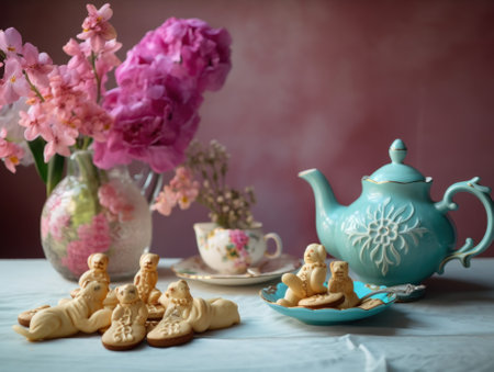 A tea pot and some cookies on a table. Generative AI image.の素材