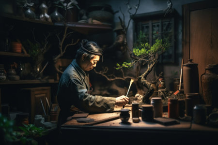 A man working on a bonsai tree in a dark room. Generative AI image.の素材
