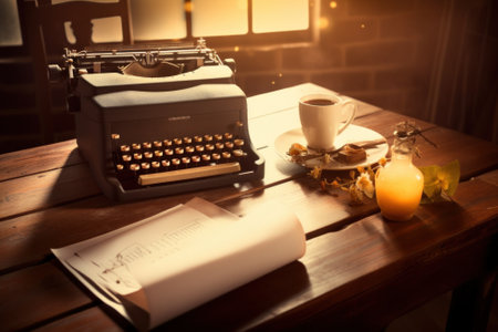 A typewriter and a cup of coffee on a table. Generative AI image.の素材