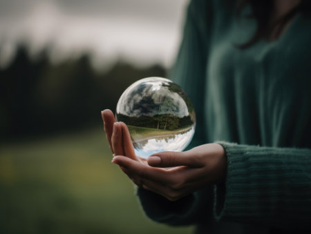 A person holding a crystal ball in their hands. Generative AI image.の素材