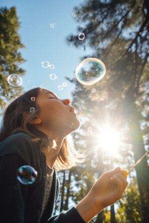 A woman blowing bubbles in the air in front of the sun. Generative AI image.の素材