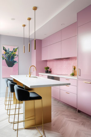 A kitchen with pink cabinets and gold accents. Generative AI image.の素材