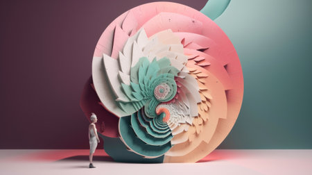 A man standing next to a giant paper flower. Generative AI image.の素材