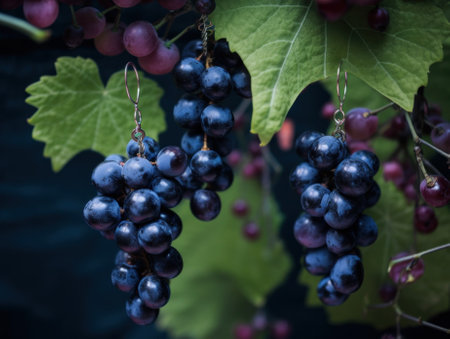 An earring set made of grape clusters on a table. Generative AI image.の素材