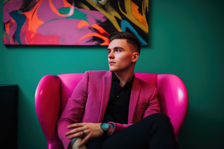 A man sitting in a pink chair in front of a painting. Generative AI image.の素材